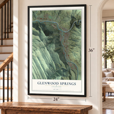 Glenwood Springs, Colorado map, 24 x 36 inch print in a black frame by a staircase