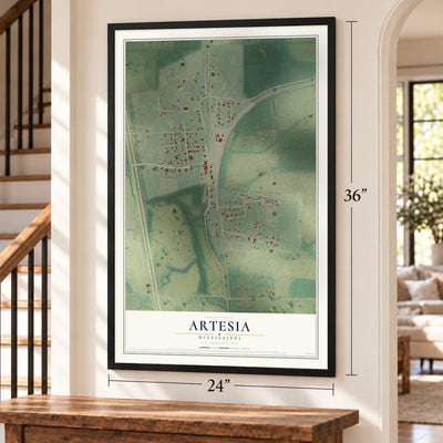 Artesia, Mississippi map, 24 x 36 inch print in a black frame by a staircase