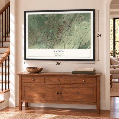 Avoca, Pennsylvania map, 24 x 36 inch print in a black frame above a dresser by a staircase
