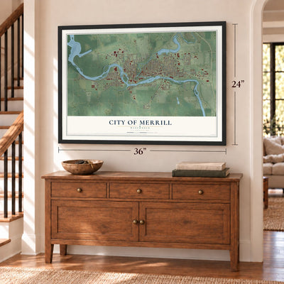 Merrill, Wisconsin map, 24 x 36 inch print in a black frame above a dresser by a staircase