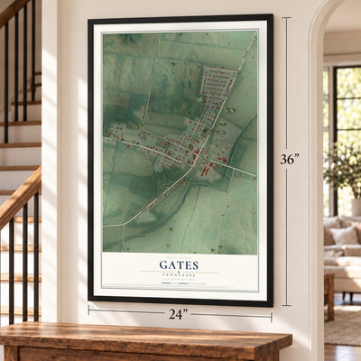 Gates, Tennessee map, 24 x 36 inch print in a black frame by a staircase