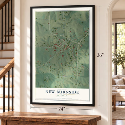 New Burnside, Illinois map, 24 x 36 inch print in a black frame by a staircase