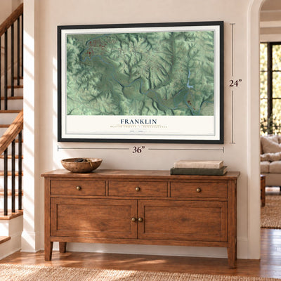 Franklin, Beaver County, Pennsylvania map, 24 x 36 inch print in a black frame above a dresser by a staircase