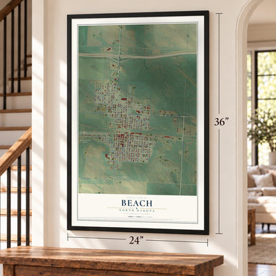 Beach, North Dakota map, 24 x 36 inch print in a black frame by a staircase