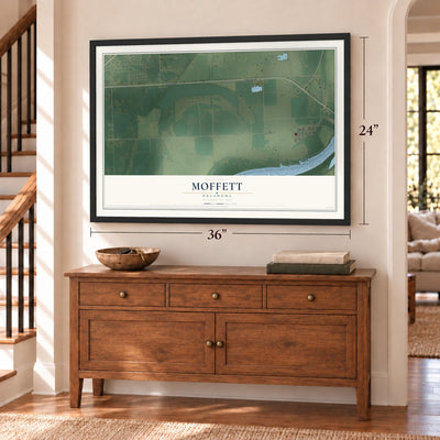Moffett, Oklahoma map, 24 x 36 inch print in a black frame above a dresser by a staircase