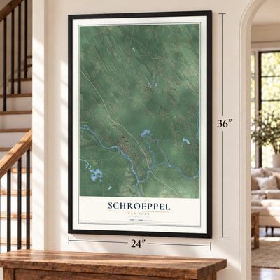 Schroeppel, New York map, 24 x 36 inch print in a black frame by a staircase