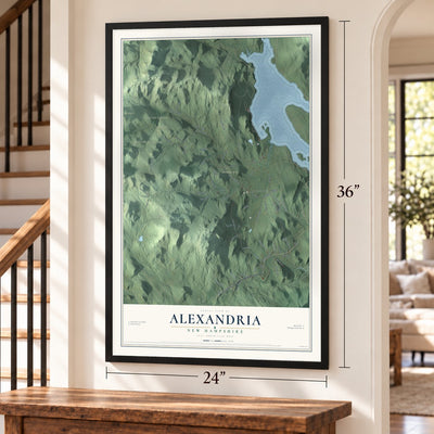Alexandria, New Hampshire map, 24 x 36 inch print in a black frame by a staircase