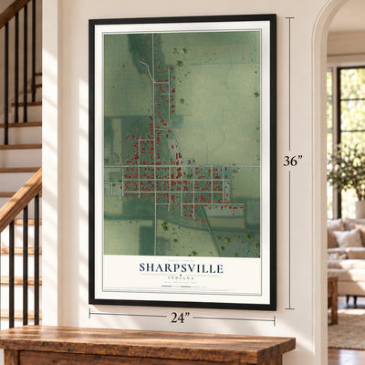 Sharpsville, Indiana map, 24 x 36 inch print in a black frame by a staircase