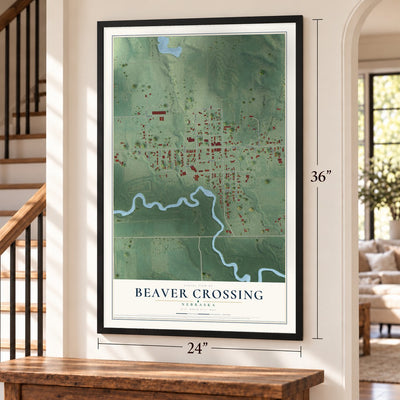 Beaver Crossing, Nebraska map, 24 x 36 inch print in a black frame by a staircase