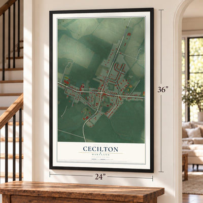 Cecilton, Maryland map, 24 x 36 inch print in a black frame by a staircase