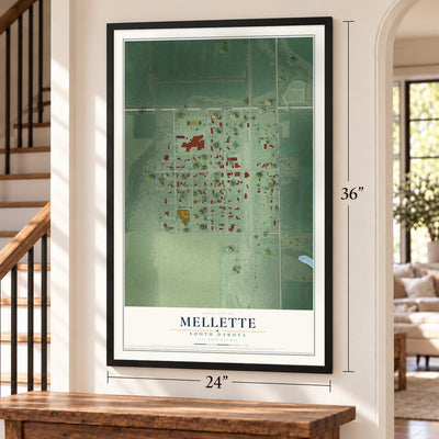 Mellette, South Dakota map, 24 x 36 inch print in a black frame by a staircase