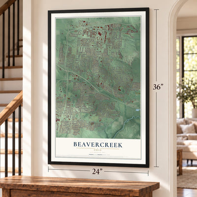 Beavercreek, Ohio map, 24 x 36 inch print in a black frame by a staircase