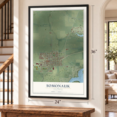Somonauk, Illinois map, 24 x 36 inch print in a black frame by a staircase