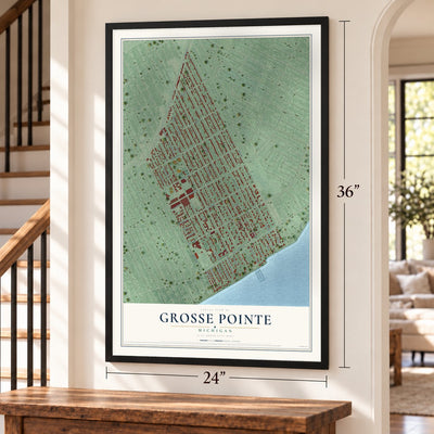 Grosse Pointe, Michigan map, 24 x 36 inch print in a black frame by a staircase