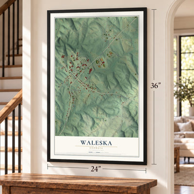 Waleska, Georgia map, 24 x 36 inch print in a black frame by a staircase