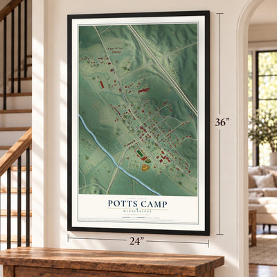 Potts Camp, Mississippi map, 24 x 36 inch print in a black frame by a staircase