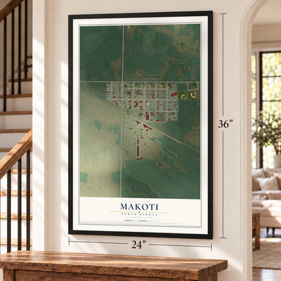 Makoti, North Dakota map, 24 x 36 inch print in a black frame by a staircase