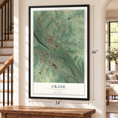 Crane, Missouri map, 24 x 36 inch print in a black frame by a staircase