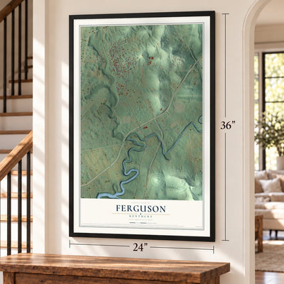 Ferguson, Kentucky map, 24 x 36 inch print in a black frame by a staircase