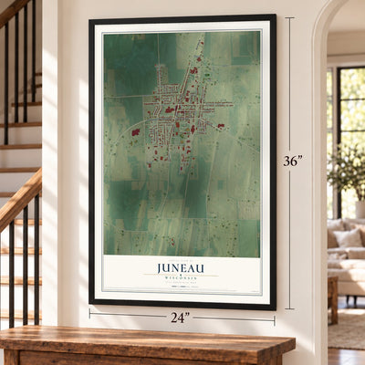 Juneau, Wisconsin map, 24 x 36 inch print in a black frame by a staircase