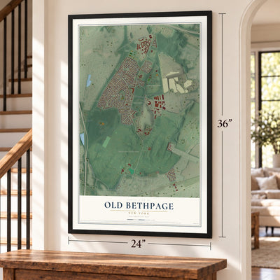 Old Bethpage, New York map, 24 x 36 inch print in a black frame by a staircase