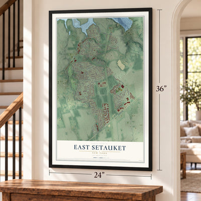 East Setauket, New York map, 24 x 36 inch print in a black frame by a staircase