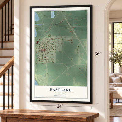 Eastlake, Michigan map, 24 x 36 inch print in a black frame by a staircase
