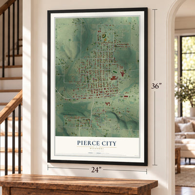 Pierce City, Missouri map, 24 x 36 inch print in a black frame by a staircase