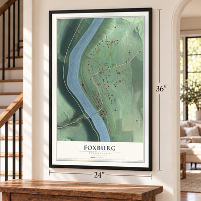Foxburg, Pennsylvania map, 24 x 36 inch print in a black frame by a staircase