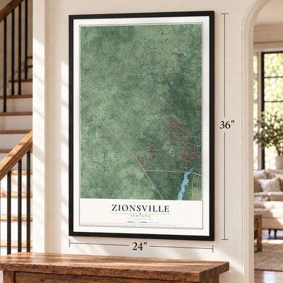 Zionsville, Indiana map, 24 x 36 inch print in a black frame by a staircase