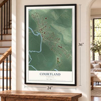 Courtland, Virginia map, 24 x 36 inch print in a black frame by a staircase