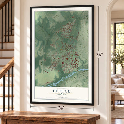 Ettrick, Virginia map, 24 x 36 inch print in a black frame by a staircase