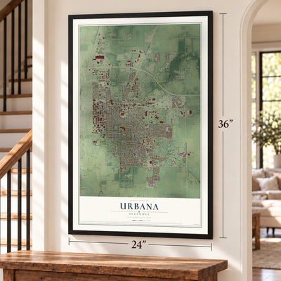 Urbana, Illinois map, 24 x 36 inch print in a black frame by a staircase