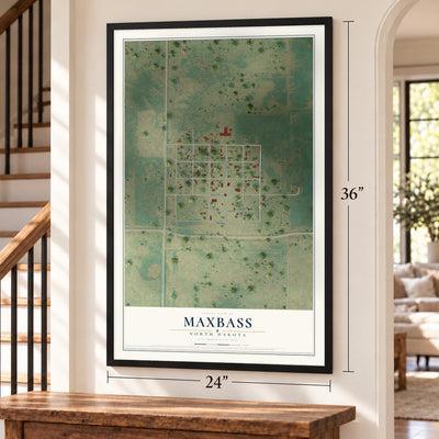 Maxbass, North Dakota map, 24 x 36 inch print in a black frame by a staircase