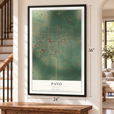 Pavo, Georgia map, 24 x 36 inch print in a black frame by a staircase