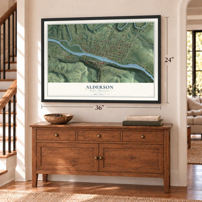 Alderson, West Virginia map, 24 x 36 inch print in a black frame above a dresser by a staircase