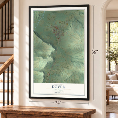 Dover, Arkansas map, 24 x 36 inch print in a black frame by a staircase