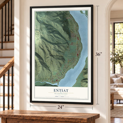 Entiat, Washington map, 24 x 36 inch print in a black frame by a staircase