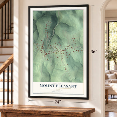 Mount Pleasant, Ohio map, 24 x 36 inch print in a black frame by a staircase