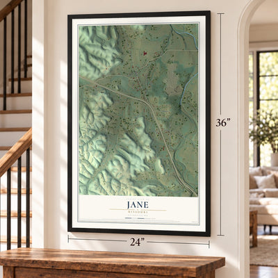 Jane, Missouri map, 24 x 36 inch print in a black frame by a staircase