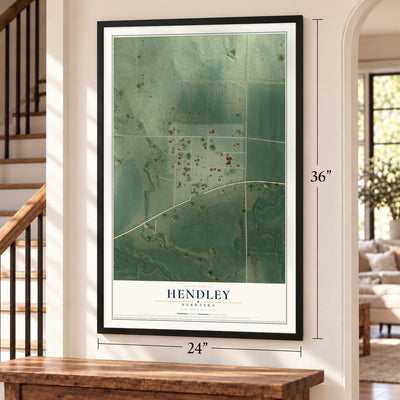 Hendley, Nebraska map, 24 x 36 inch print in a black frame by a staircase