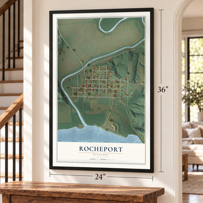Rocheport, Missouri map, 24 x 36 inch print in a black frame by a staircase