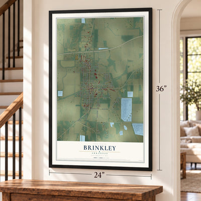 Brinkley, Arkansas map, 24 x 36 inch print in a black frame by a staircase