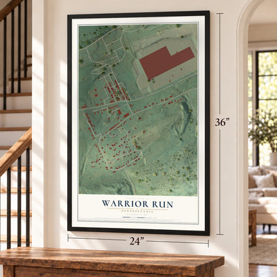 Warrior Run, Pennsylvania map, 24 x 36 inch print in a black frame by a staircase