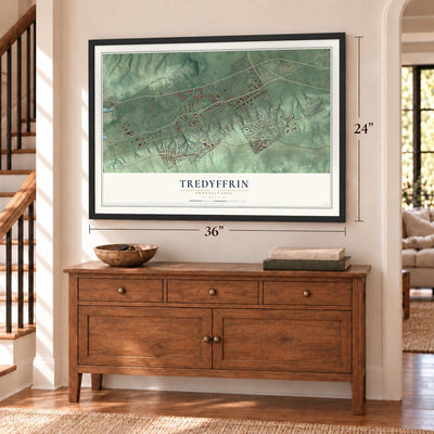 Tredyffrin, Pennsylvania map, 24 x 36 inch print in a black frame above a dresser by a staircase