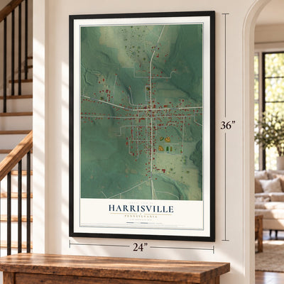 Harrisville, Pennsylvania map, 24 x 36 inch print in a black frame by a staircase