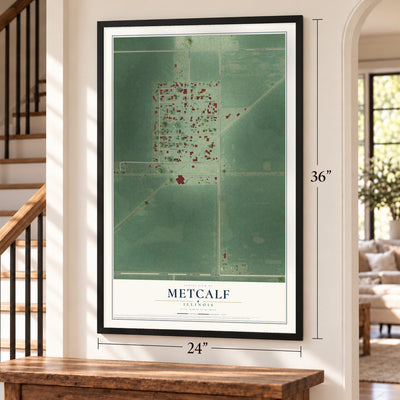 Metcalf, Illinois map, 24 x 36 inch print in a black frame by a staircase