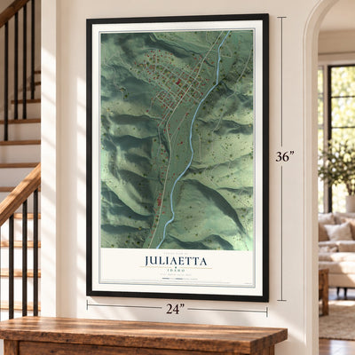Juliaetta, Idaho map, 24 x 36 inch print in a black frame by a staircase