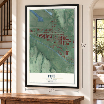 Fife, Washington map, 24 x 36 inch print in a black frame by a staircase