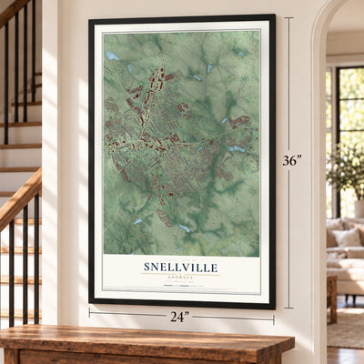 Snellville, Georgia map, 24 x 36 inch print in a black frame by a staircase